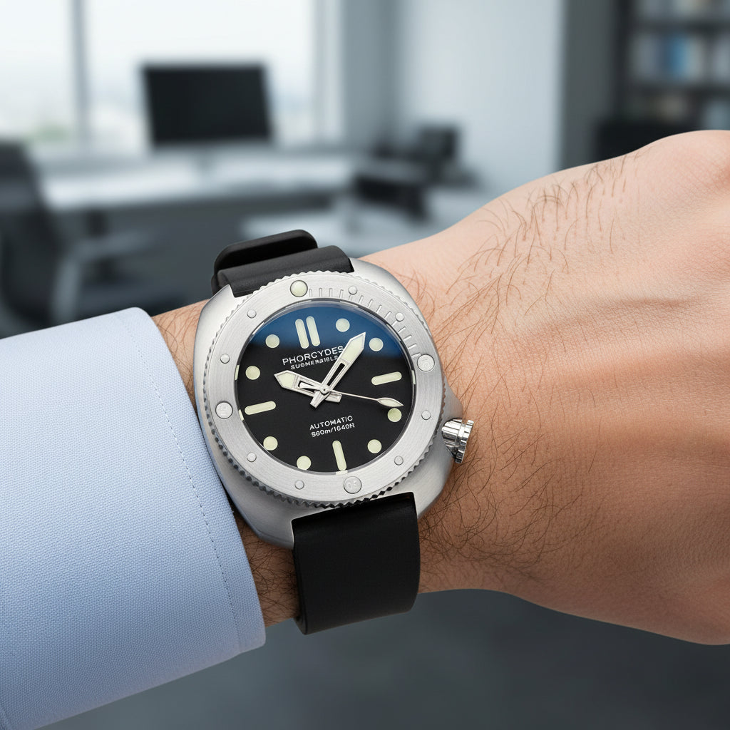 Phorcydes watch with black strap and black dial on a white background