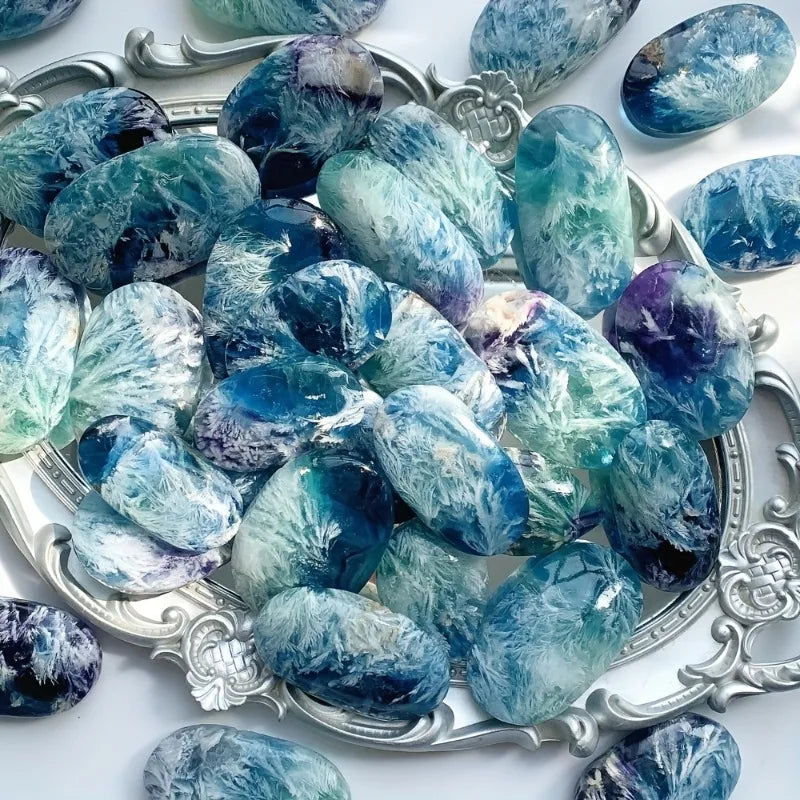 Quality Snowflake fluorite palm stone polished crystal palm stone vibrant color with purple
