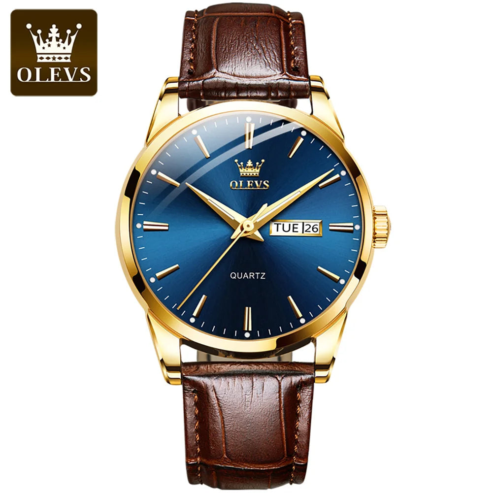 Gold watch with blue face and brown leather strap on a white background, featuring the OLEVS brand.