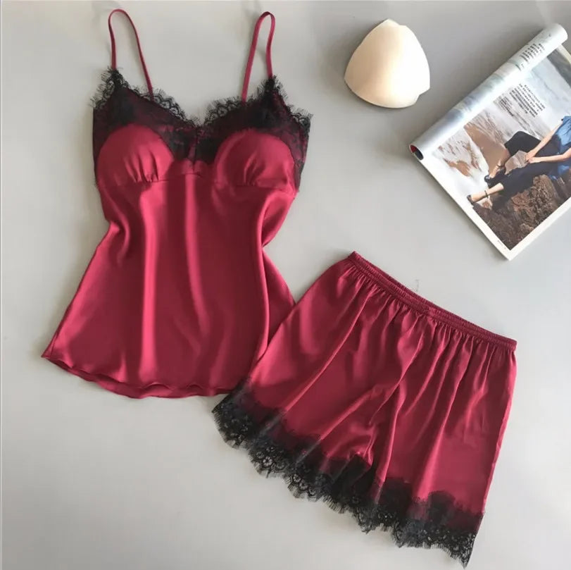 1 Set Women's Pajamas Set, Fashionable V-neck Lace Sexy Pajamas, Pajama Shorts Set, Ice Silk Camisole Top Pajama Pants