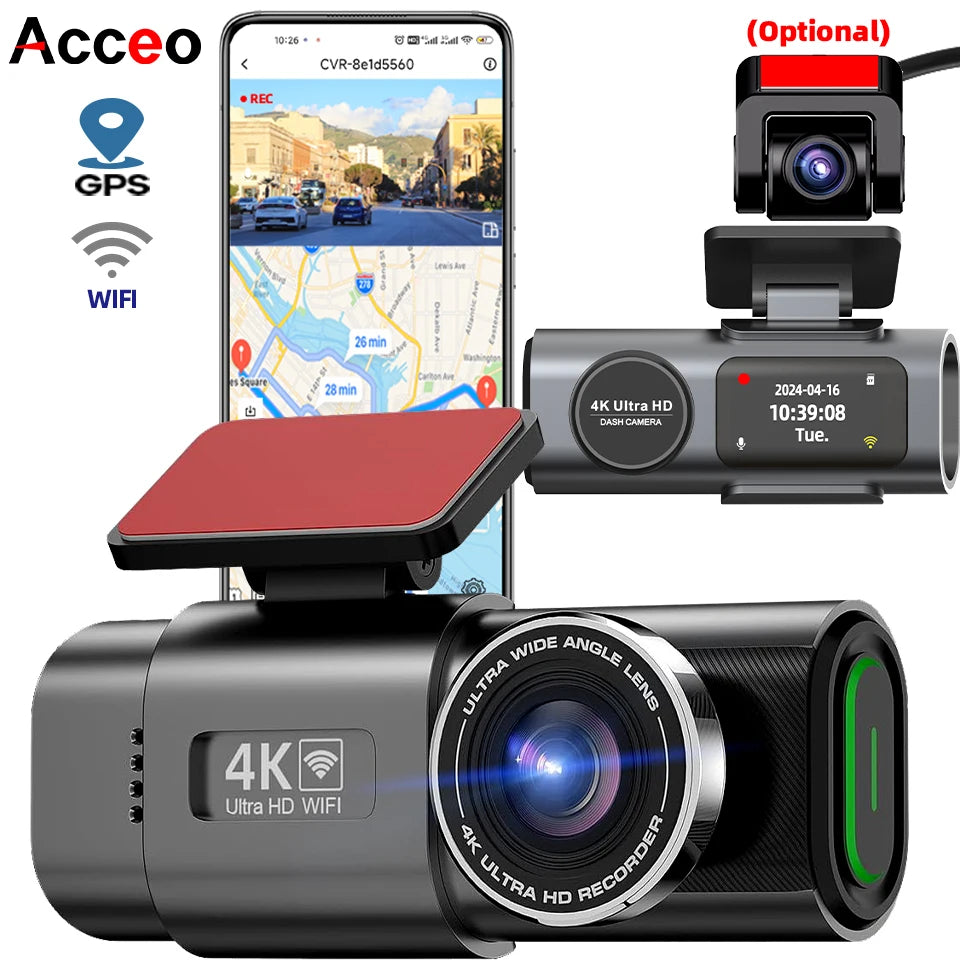 Car dashboard camera with smartphone displaying map and camera on top, featuring GPS and WiFi icons.