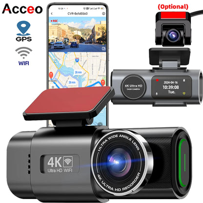 Car dashboard camera with smartphone displaying map and camera on top, featuring GPS and WiFi icons.