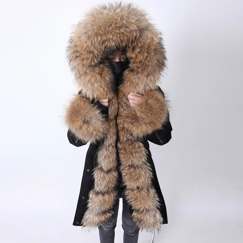 2024 Maomaokong Winter Jacket Women Big Natural Real Fox Raccoon Fur Collar Coat Female Clothing Removable Inner Lining Parkas