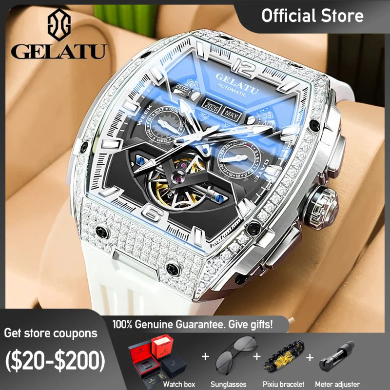 Luxury watch with intricate design on a person's wrist, featuring the brand 'GELATU'.