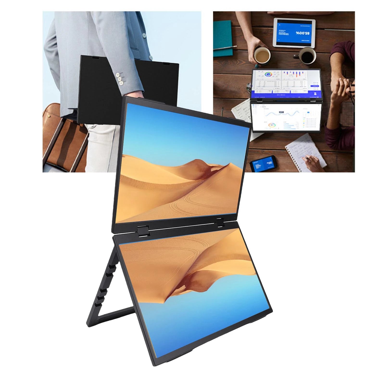 Two screens displaying desert landscape on a stand with people using tablets in the background.