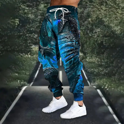 Men Loose Casual Pocket Draw Rope Sports Sweatpants Fashion Dragon And Hand Printed Sweatpants Winter New Thick Warm Sweatpants