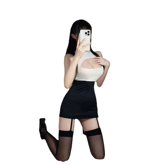 Weißes, sexy Cosplay-Büro-Mini-Kleid für Damen, sexy Dessous, Stewardess-Outfit, Sekretärinnen-Kleid mit offenem Brustbereich, sexy Kostüm