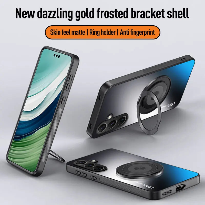 Gold frosted bracket shell for a smartphone with features listed on a gray background