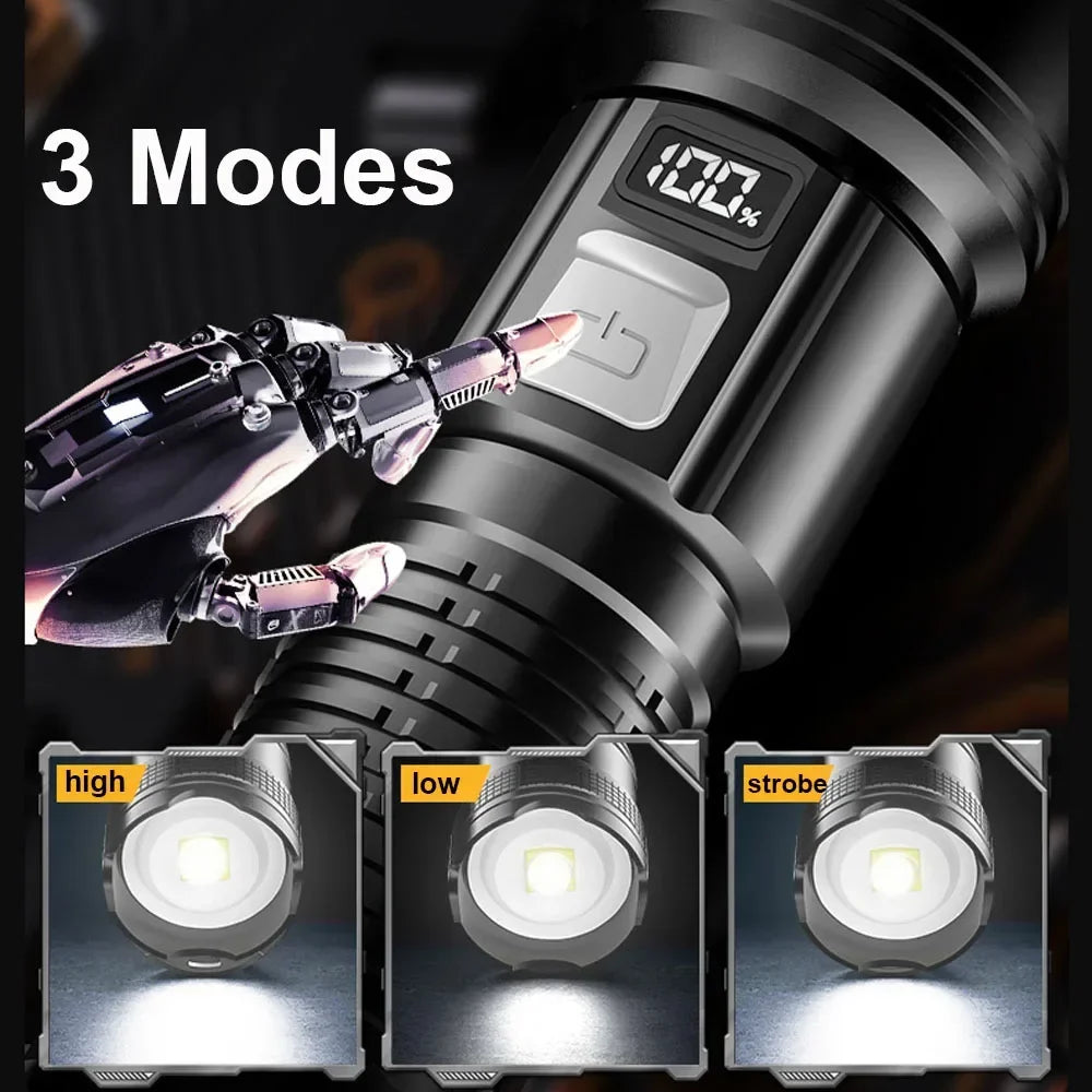 Leistungsstarke LED-Taschenlampen 300000LM Taktische Taschenlampe mit Displaylicht USB-Ladefunktion Camping Angeln Verteidigung Zoom-Laterne