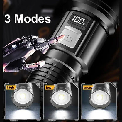 Leistungsstarke LED-Taschenlampen 300000LM Taktische Taschenlampe mit Displaylicht USB-Ladefunktion Camping Angeln Verteidigung Zoom-Laterne