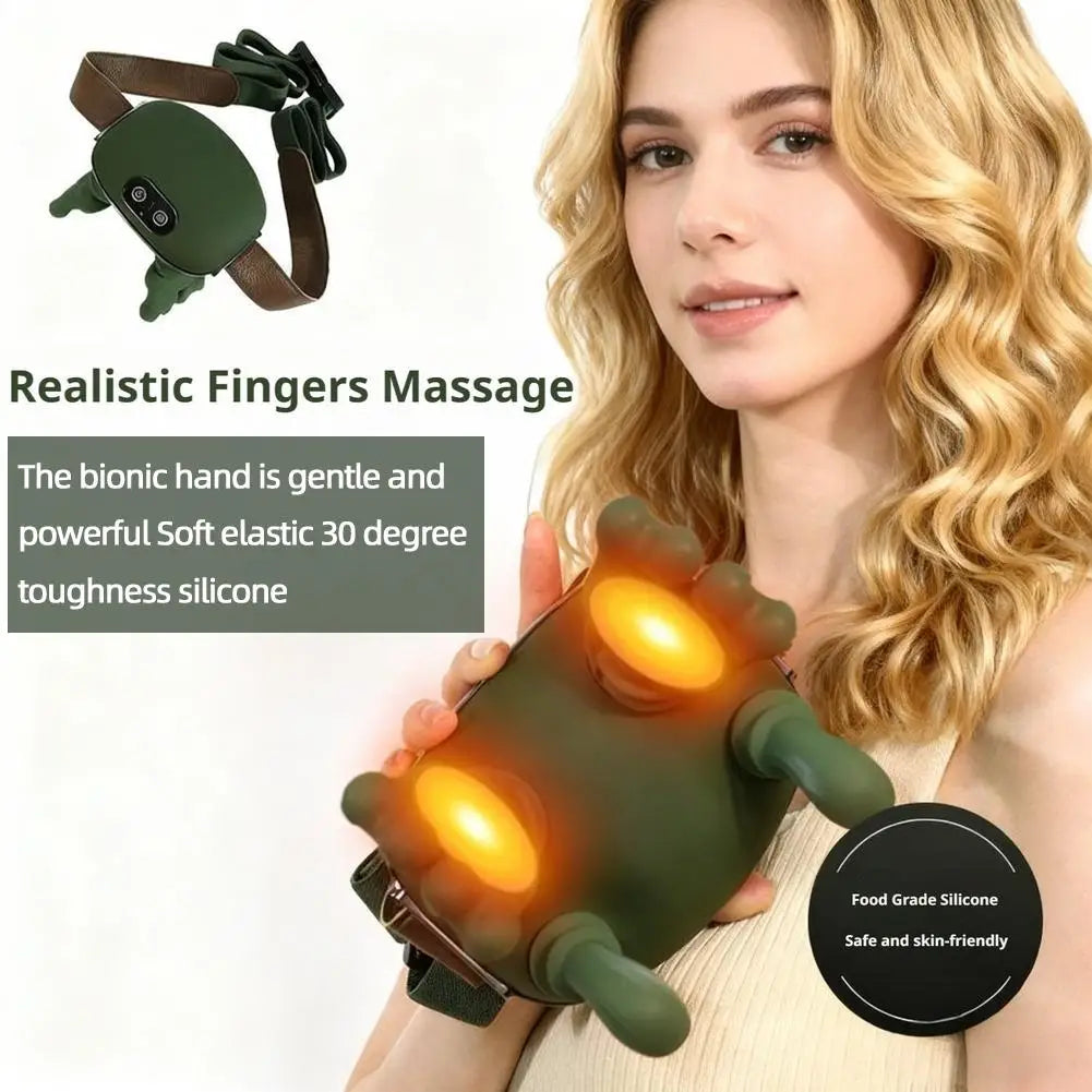 Woman holding a green bionic hand with realistic fingers massage feature, on a white background.