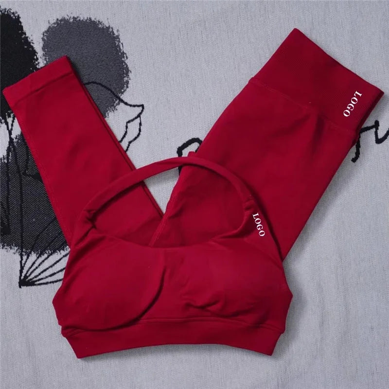 2Pcs Women's Gym Yoga Set Seamless High Waist Leggings Sports Bra Top Workout Outfit Fitness Activewear Running Training Clothes