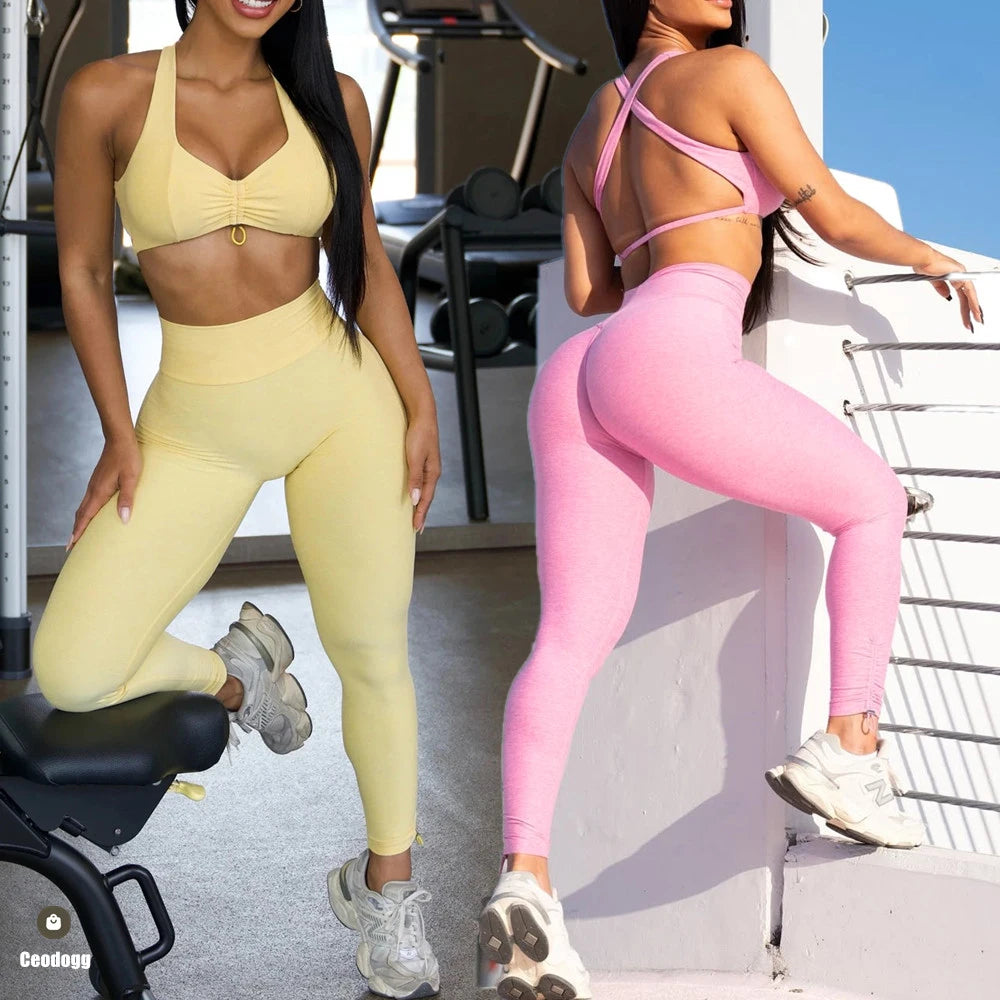 2PCS Pad Yoga Set Sports Suit Gym Leggings Women Clothes Fitness Tracksuit Workout Short Sleeve Female Athletic Sportswear XP04