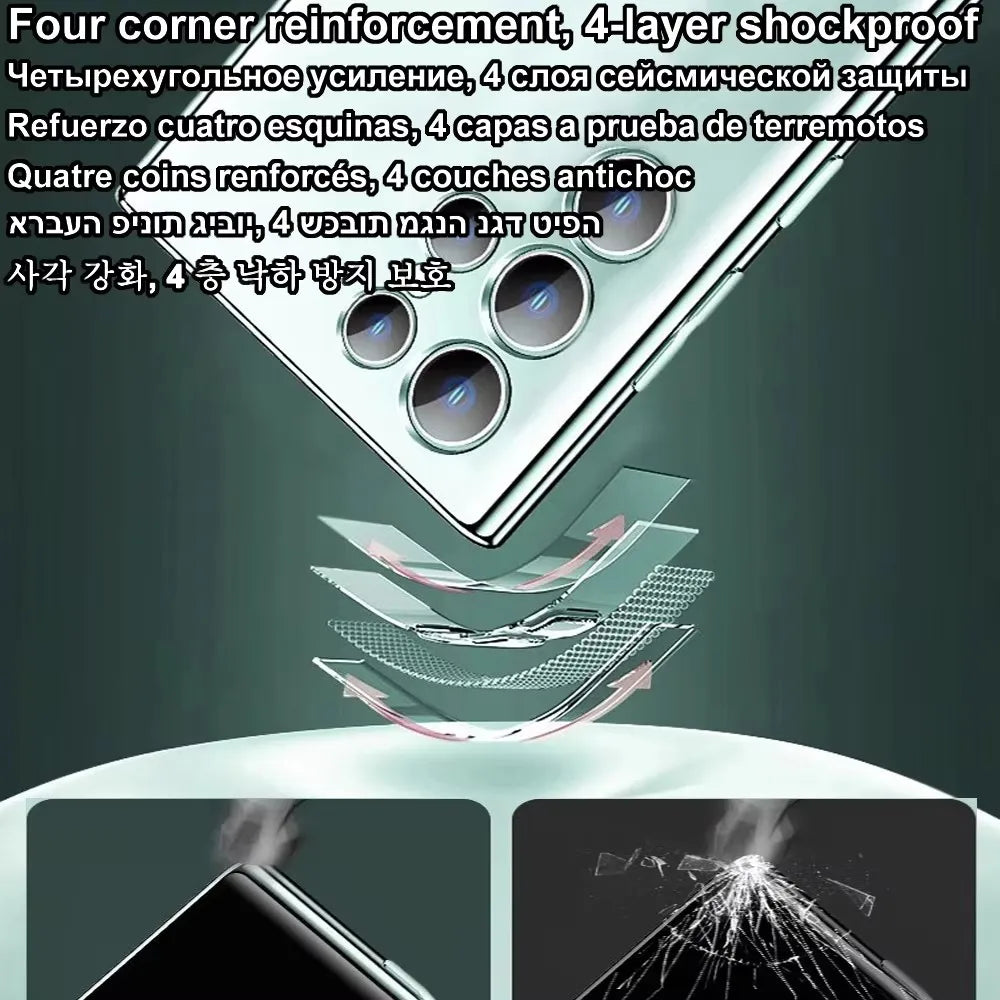 Phone screen with four-layer shockproof design and reinforcement at corners on a dark background.