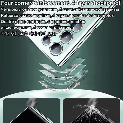 Phone screen with four-layer shockproof design and reinforcement at corners on a dark background.
