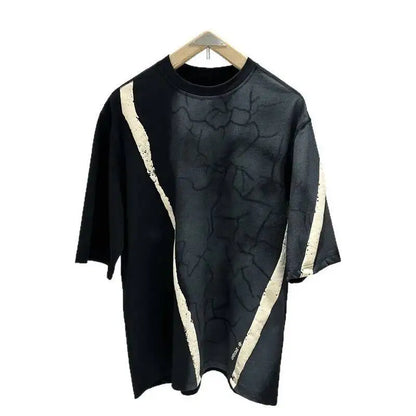 Einzigartiges Design Trendy Punk T-Shirt Damen Farbkontrast Baumwolle Rissmuster Beflockung Print Lose Shirts HK8466