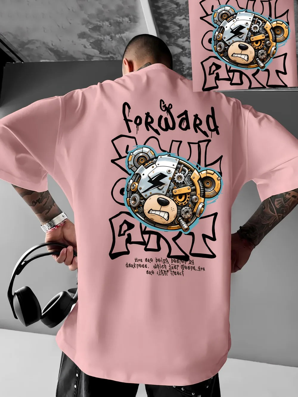 Europäisches und amerikanisches Herren-T-Shirt mit mechanischem Bären-Buchstabenprint, bequem und atmungsaktiv, Rundhals, Outdoor-Street-Top für den Sommer