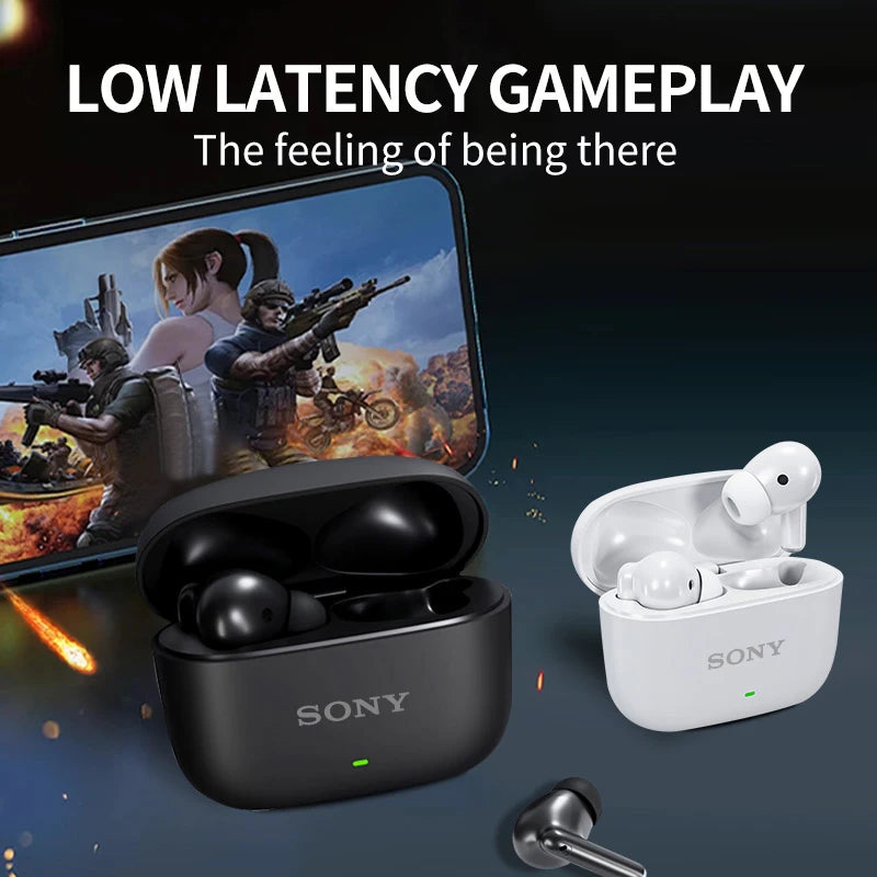 Wireless earbuds with charging case on a dark background, featuring gaming graphics.