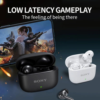 Wireless earbuds with charging case on a dark background, featuring gaming graphics.