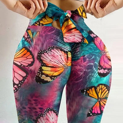 High Waist Sexy Schmetterlingsdruck Leggings Schleife Yoga Hose Schleifen Bandage Tights Damen Po Push-up Sport Fitness Yoga Legging