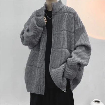Men's Clothing Stand Collar Cardigan Knitted Casual Autumn Winter All-match Solid Color Loose Spliced Stylish Zipper Sweaters