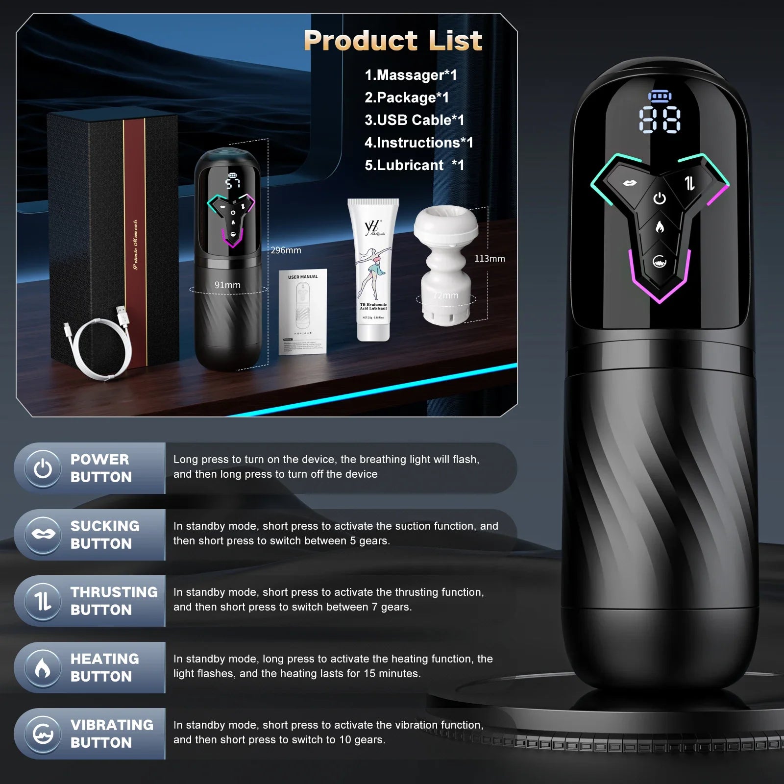 Black electronic device with digital display and control buttons, surrounded by packaging and accessories on a dark background.