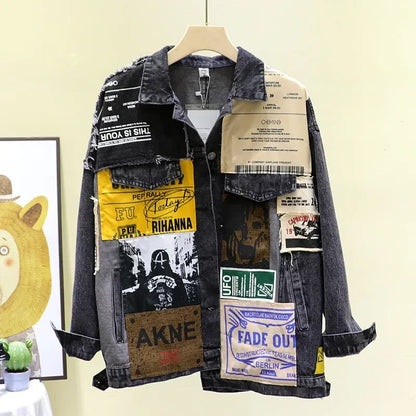 Women's Vintage Denim Jacket – Letter Print Casual