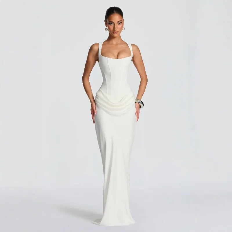 Brown Off-Shoulder Pleated Banquet Dress