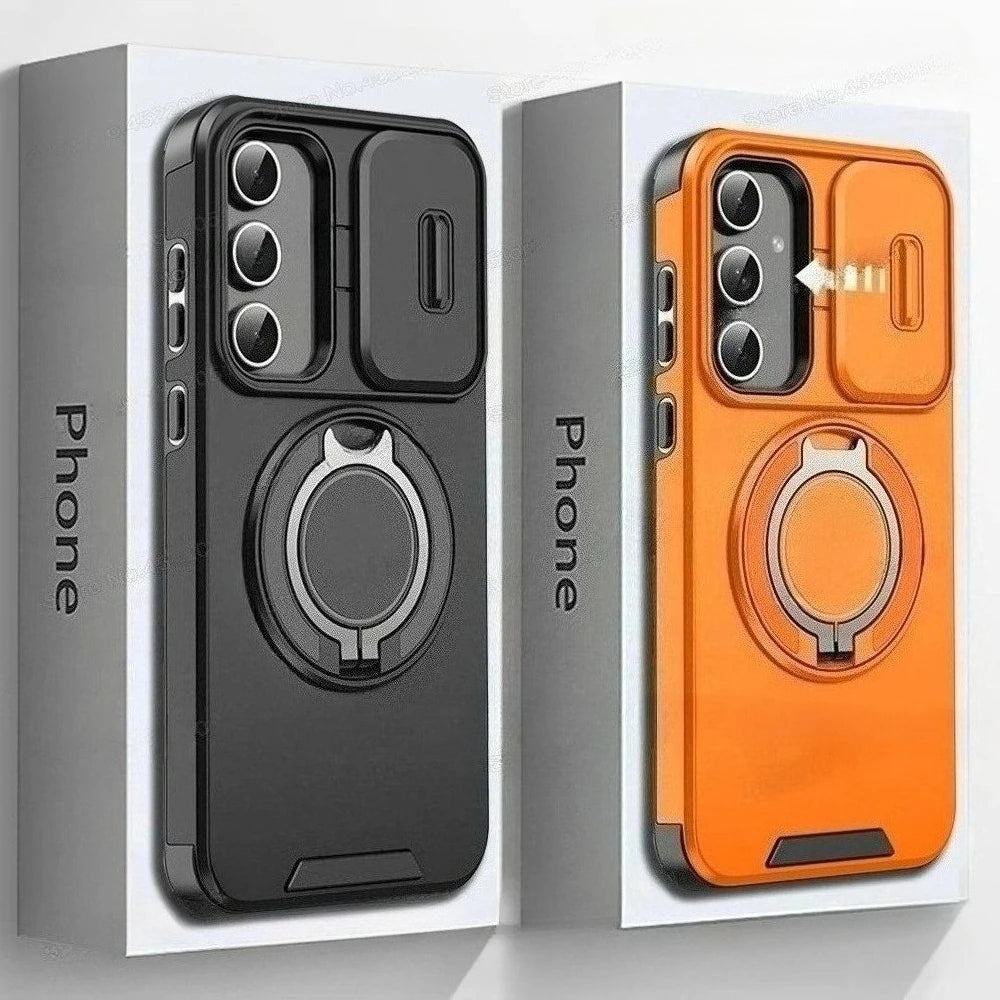 Two phone cases, one black and one orange, with ring holders in packaging.