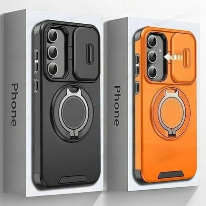 Two phone cases, one black and one orange, with ring holders in packaging.