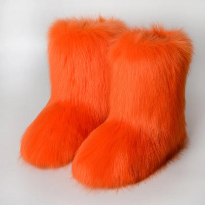Women's Winter Snow Boots Outdoor Luxury Furry Faux Fox Fur Boots Woman Plush Warm Platform Shoes New Fashion Bottes Big Size 46