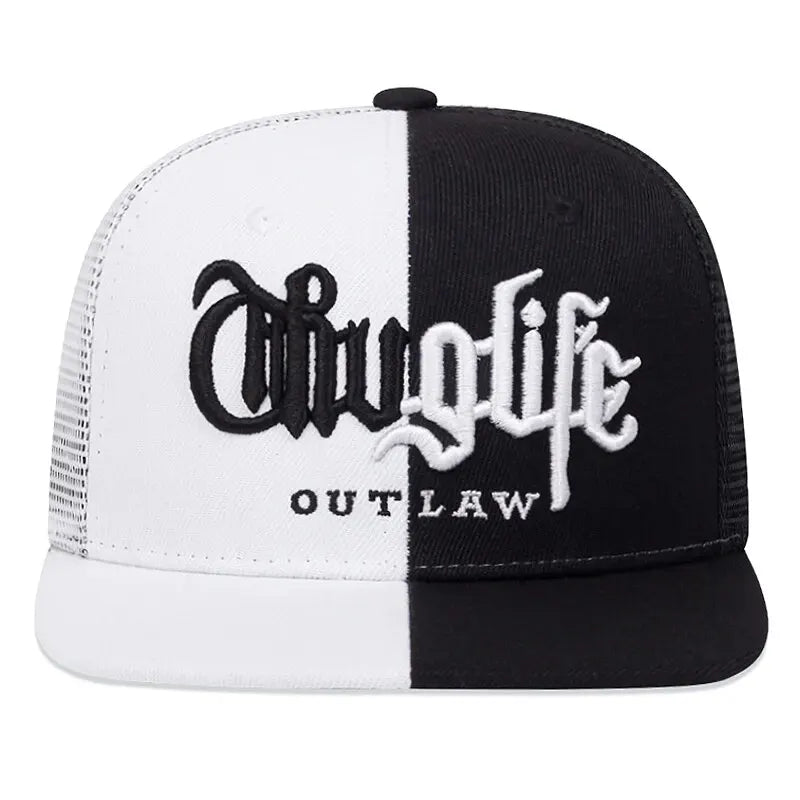 Black and white cap with 'Outlaw' text on a white background