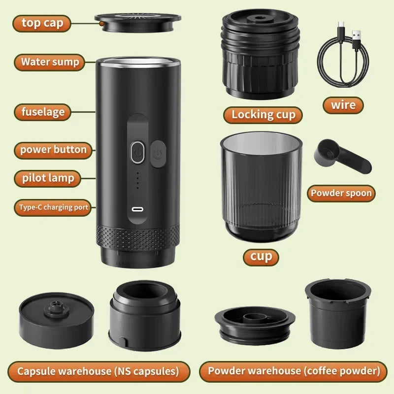 TINSOL Wireless Portable Espresso Machine Capsule Coffee Powder Travel Coffee Maker Smart Extraction Wireless Heating