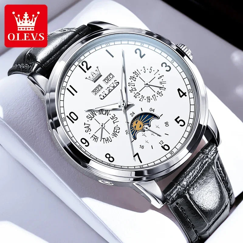 OLEVS Automatic Moon Phase Watch for Men — Leather, Waterproof, Luminous