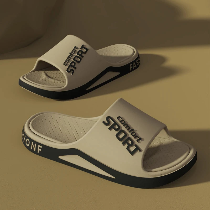 Gray slides with 'Comfort Sport' text on a beige background