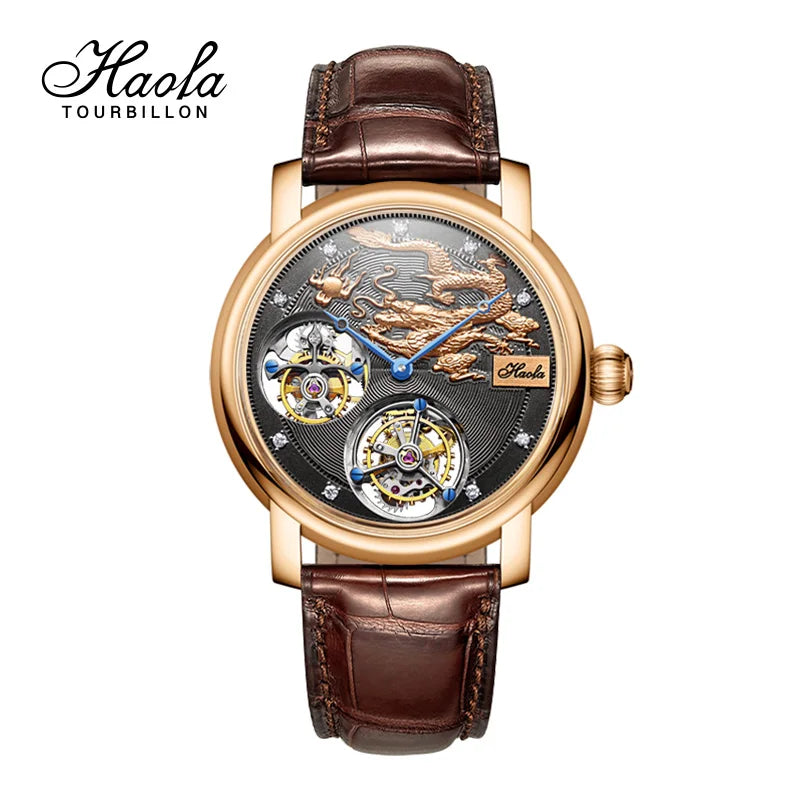 18K Double Tourbillon Watch Diamond Hour Markers Mechanical Tourbillon High Quality Watches