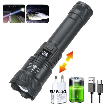 Leistungsstarke LED-Taschenlampen 300000LM Taktische Taschenlampe mit Displaylicht USB-Ladefunktion Camping Angeln Verteidigung Zoom-Laterne