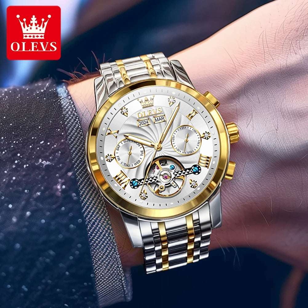 OLEVS Luxuriöse automatische mechanische Uhren für Herren, Skelett-Unruh-Kalender-Woche, Business-Herrenuhr, ausgehöhlte Herrenuhren
