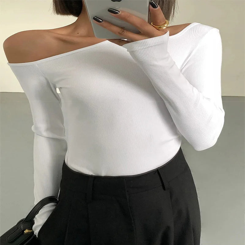 Mode Schräger Kragen Off-Shoulder Langarm-T-Shirts Damen Frühling Neu Einfarbig Slim Fit Crop Top Sexy Hohl Out Tees Shirts