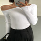 Mode Schräger Kragen Off-Shoulder Langarm-T-Shirts Damen Frühling Neu Einfarbig Slim Fit Crop Top Sexy Hohl Out Tees Shirts