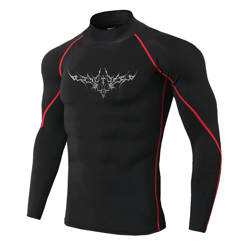 Herren Gothic-Print schnelltrocknendes Langarm-Fitness-Workout-Stretch-Enges Top Stehkragen atmungsaktives Trainings-T-Shirt S-3XL
