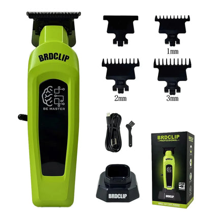 Green hair trimmer set with attachments and packaging on a white background