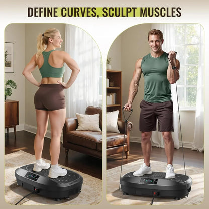 Two people using a vibration plate machine in a living room setting with text 'Define Curves, Sculpt Muscles'.