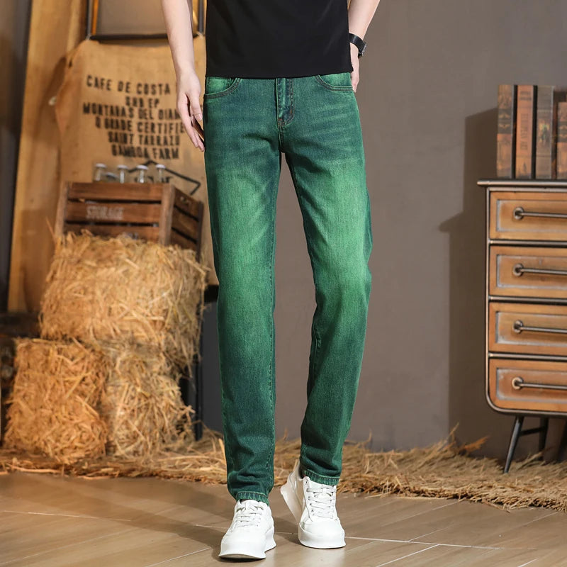Emerald Green Jeans High-End Embroidery Slim Straight Denim Pants