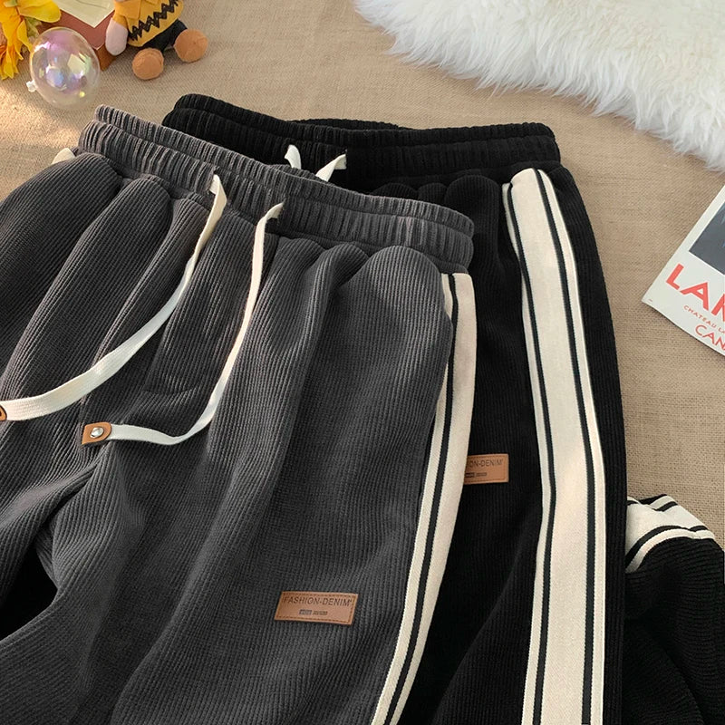 Corduroy Men's Pants Autumn Winter New Sle Hong Kong Sle Trendy Wide Leg Straight Elastic Waist Sports Casual Long Trousers