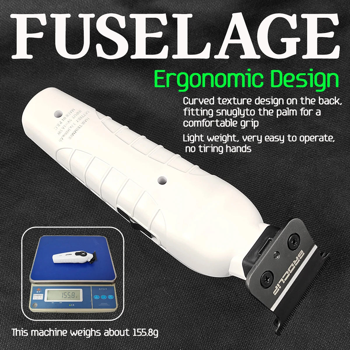 White grooming tool with ergonomic design on a black background