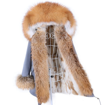 MAOMAOKONG 2023 Abnehmbarer Echtfuchs Pelzkragen Mäntel Damen Winterjacke Kapuze Kaninchenfellfutter Lange Parkas Damenbekleidung