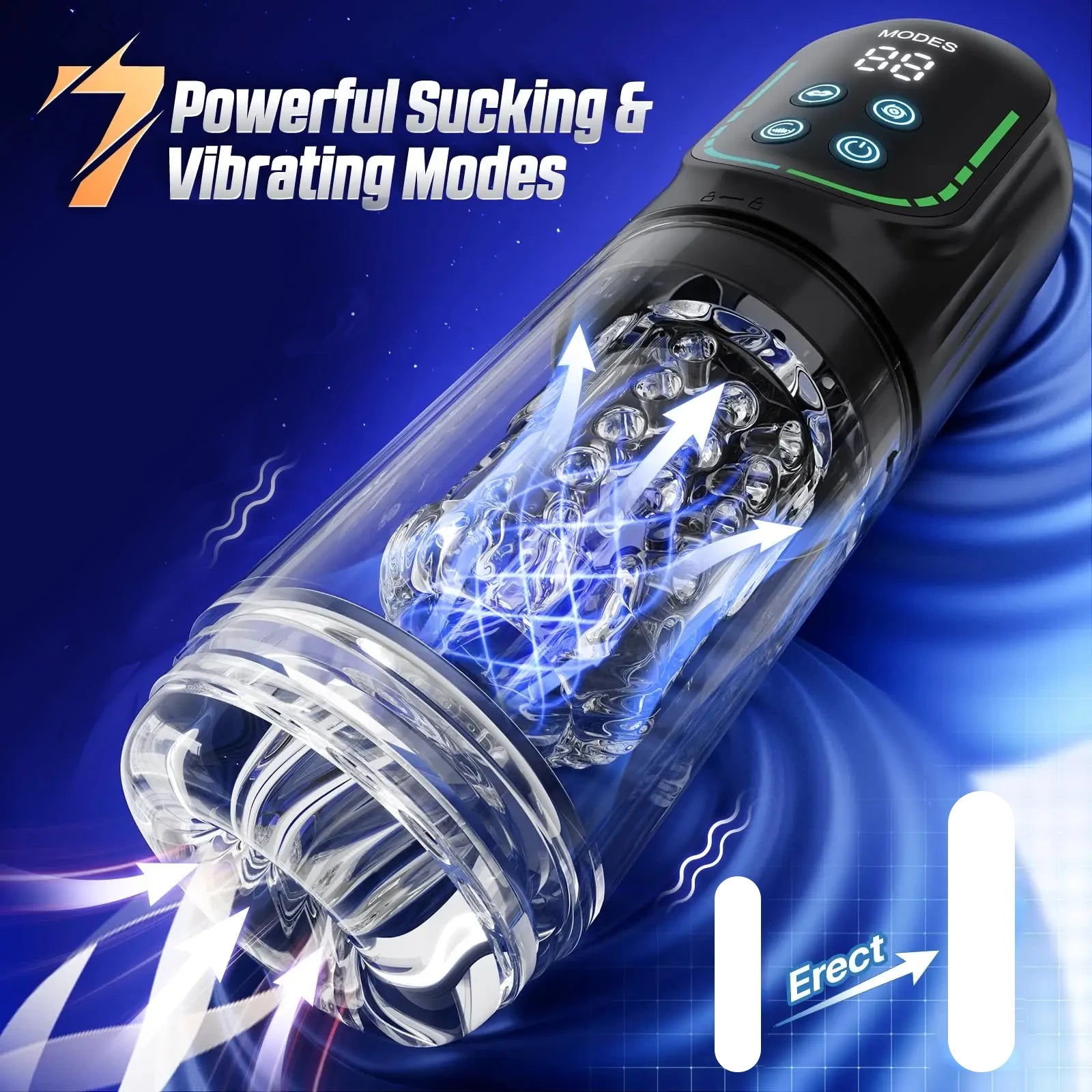 Sexual product with digital display and glowing elements on a blue background