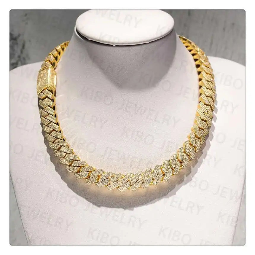 Popular Iced out Rapper Hiphop Chian 14mm 18k Gold Plated 925 Silver Moissanite Cuban link Men Chain