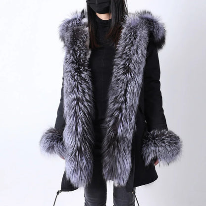 Maomaokong 2022 Winter Long Jacket Real Fur Coat Women Clothes Large Fur Collar Detachable Natural Fox Lining Parkas Leather Fur